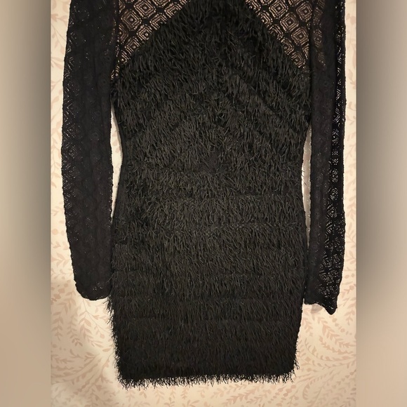 BCBG Maxazria Velma Black Dress Women's Size M Tiered Fringe Lace Long Sleeve - Picture 4 of 9